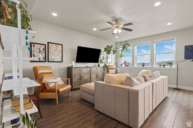 2335 W Cresthaven Ln, Lehi, UT 84043 - living area with a ceiling fan, recessed lighting, wood finished floors, and baseboards