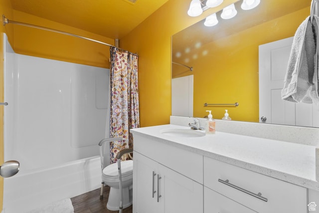 2335 W Cresthaven Ln, Lehi, UT 84043 - full bathroom with vanity, toilet, shower / bath combo with shower curtain, and wood finished floors