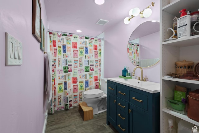 2335 W Cresthaven Ln, Lehi, UT 84043 - bathroom with toilet, vanity, wood finished floors, and a shower with shower curtain