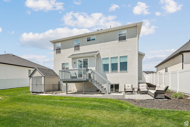13321 S Split Oak Dr, Herriman, UT 84096 - rear view of property with an outdoor living space, a wooden deck, stucco siding, a patio, and stairway