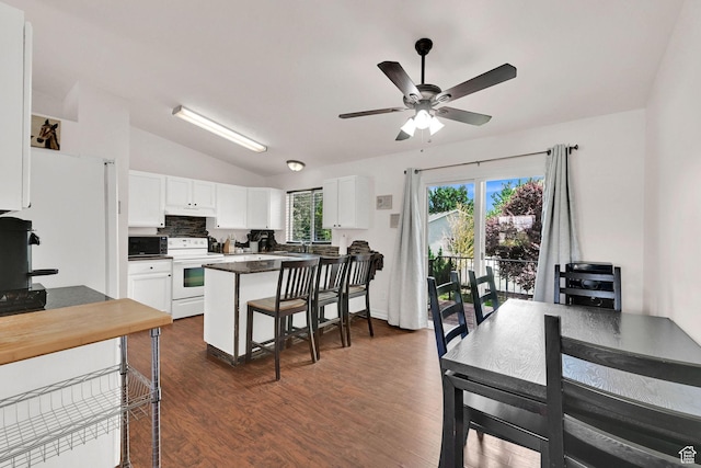 1240 N 2525 W, Layton, UT 84041 - kitchen with white range with electric cooktop, white cabinetry, vaulted ceiling, ceiling fan, and dark wood finished floors