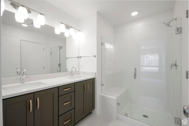 937 W Coalburn Way Unit 102, Murray, UT 84123 - bathroom with a stall shower, double vanity, marble look tiles, and recessed lighting