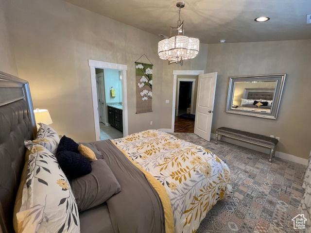 115 E 8469 S, Sandy, UT 84070 - bedroom with a chandelier, baseboards, recessed lighting, and ensuite bath
