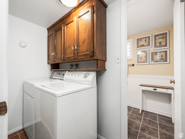 686 Idaho Ave, Provo, UT 84606 - washroom with cabinet space, washing machine and dryer, dark tile patterned flooring, and a wainscoted wall