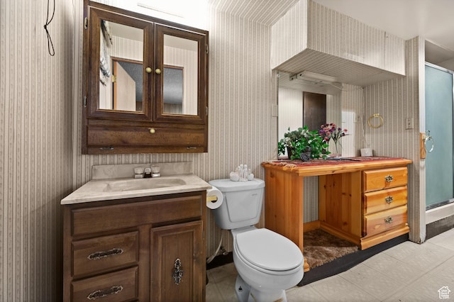 3279 W Crestfield, West Valley City, UT 84119 - full bath with wallpapered walls, vanity, a stall shower, toilet, and tile patterned floors