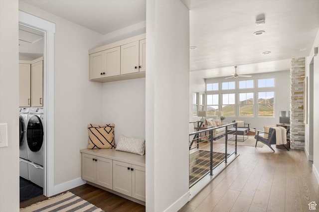 11661 N Shoreline Dr, Hideout, UT 84036 - laundry room featuring washer and dryer, cabinet space, wood finished floors, ceiling fan, and baseboards