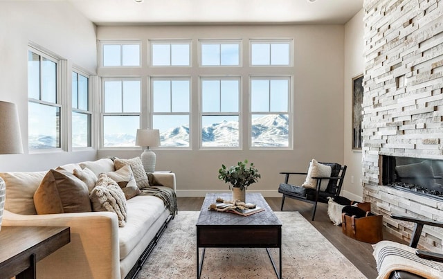 11661 N Shoreline Dr, Hideout, UT 84036 - living area featuring wood finished floors, a stone fireplace, and baseboards