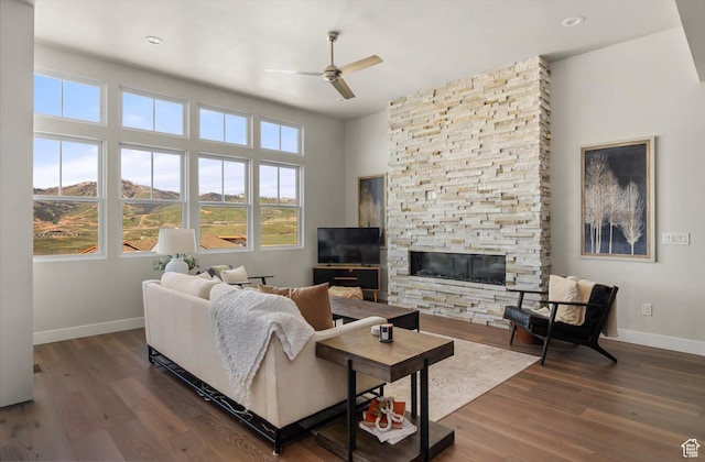 11661 N Shoreline Dr, Hideout, UT 84036 - living room with a ceiling fan, baseboards, wood finished floors, a fireplace, and recessed lighting