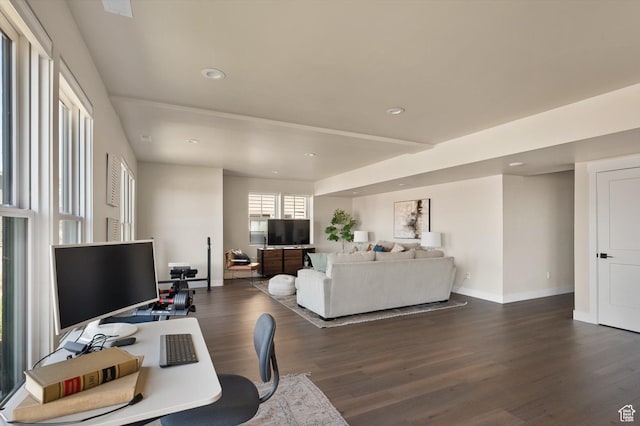 11661 N Shoreline Dr, Hideout, UT 84036 - living room with dark wood finished floors, baseboards, recessed lighting, and an office area
