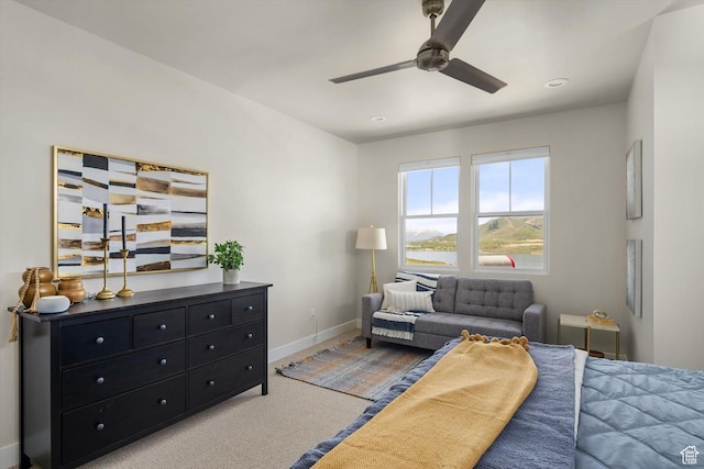 11661 N Shoreline Dr, Hideout, UT 84036 - bedroom featuring light colored carpet, baseboards, a ceiling fan, and recessed lighting