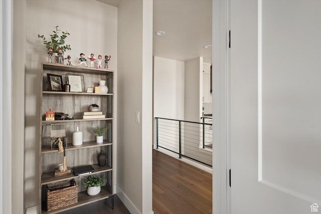 11661 N Shoreline Dr, Hideout, UT 84036 - hallway featuring wood finished floors, baseboards, an upstairs landing, and recessed lighting