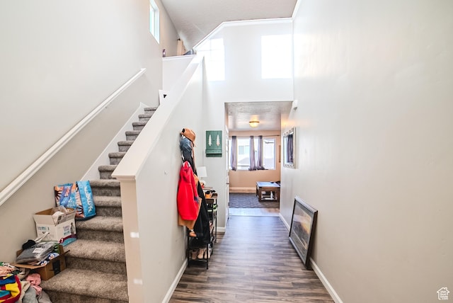 15167 S Maradona Dr, Herriman, UT 84096 - stairs featuring wood finished floors, baseboards, a towering ceiling, and ornamental molding