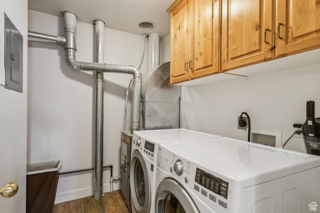 595 S Main St Unit 26, Kamas, UT 84036 - laundry area featuring washing machine and clothes dryer, cabinet space, electric panel, and wood finished floors