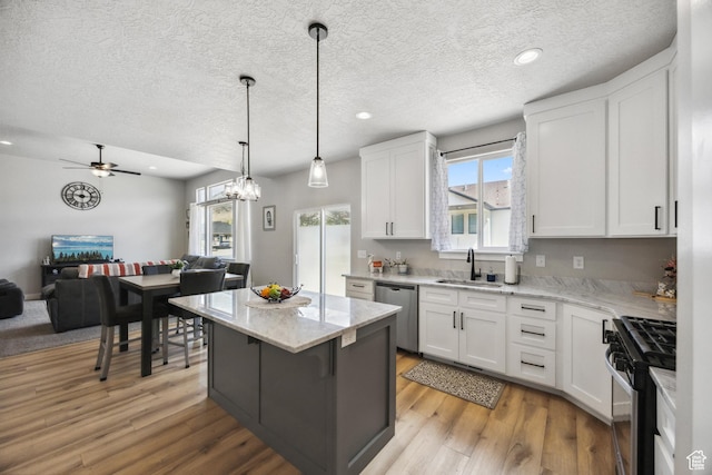 1228 N 100 E, Nephi, UT 84648 - kitchen featuring appliances with stainless steel finishes, a sink, open floor plan, light wood-type flooring, and white cabinets