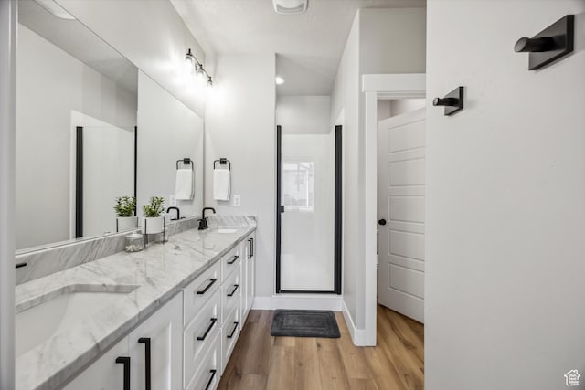 1228 N 100 E, Nephi, UT 84648 - full bath with wood finished floors, double vanity, baseboards, a shower, and a textured ceiling