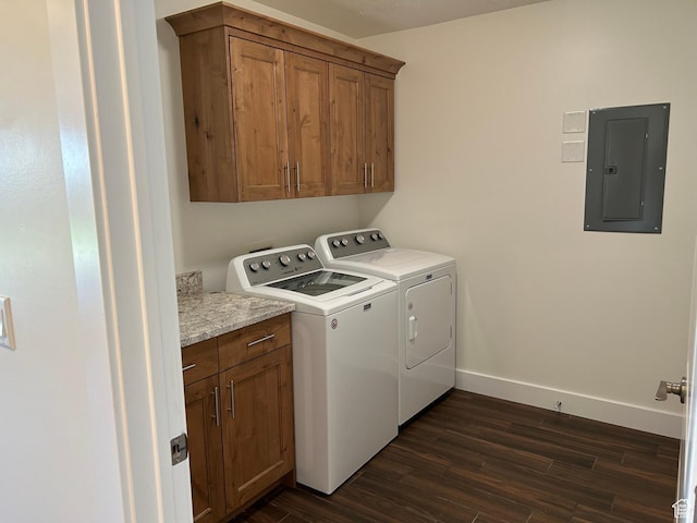 1224 S Grace Way, Layton, UT 84041 - washroom featuring electric panel, separate washer and dryer, cabinet space, and dark wood-style flooring