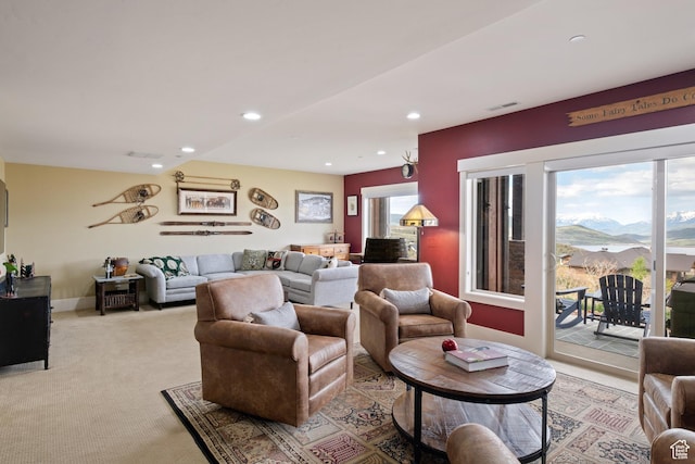 10371 N Sightline Cir, Hideout, UT 84036 - living room with plenty of natural light, light colored carpet, recessed lighting, and a mountain view