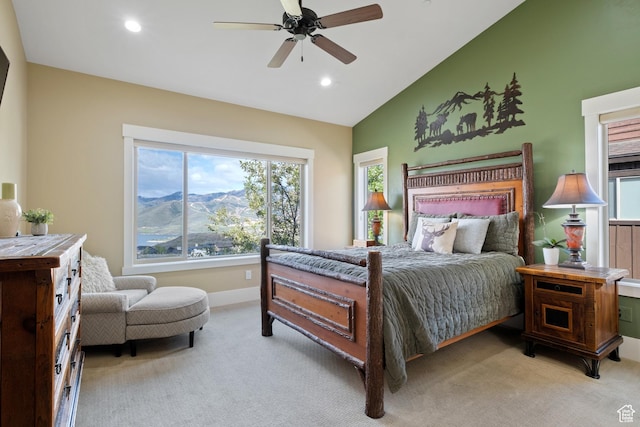 10371 N Sightline Cir, Hideout, UT 84036 - bedroom featuring vaulted ceiling, baseboards, recessed lighting, light carpet, and a mountain view