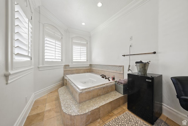 62 W 225 N, Lindon, UT 84042 - full bath featuring ornamental molding, a jetted tub, baseboards, recessed lighting, and stone finish flooring