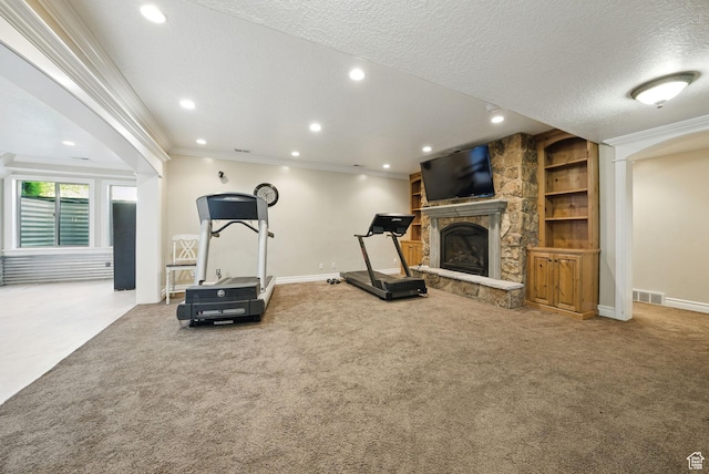 62 W 225 N, Lindon, UT 84042 - workout area with carpet, recessed lighting, a fireplace, baseboards, and crown molding