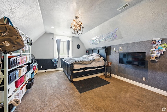 62 W 225 N, Lindon, UT 84042 - bedroom featuring a textured ceiling, carpet floors, vaulted ceiling, and baseboards