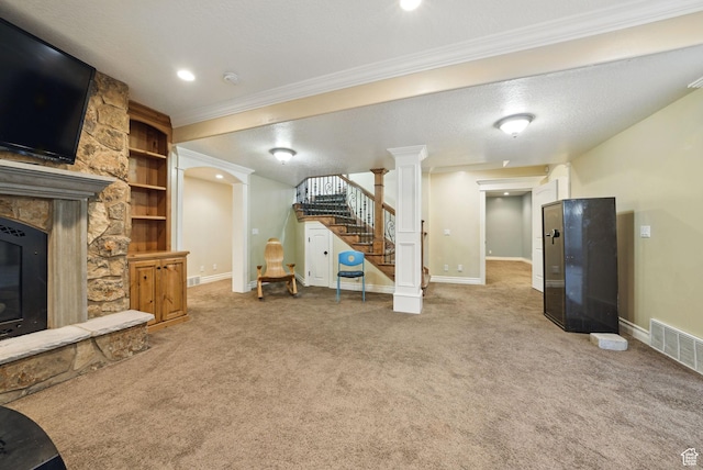 62 W 225 N, Lindon, UT 84042 - living area with carpet flooring, baseboards, stairway, crown molding, and ornate columns