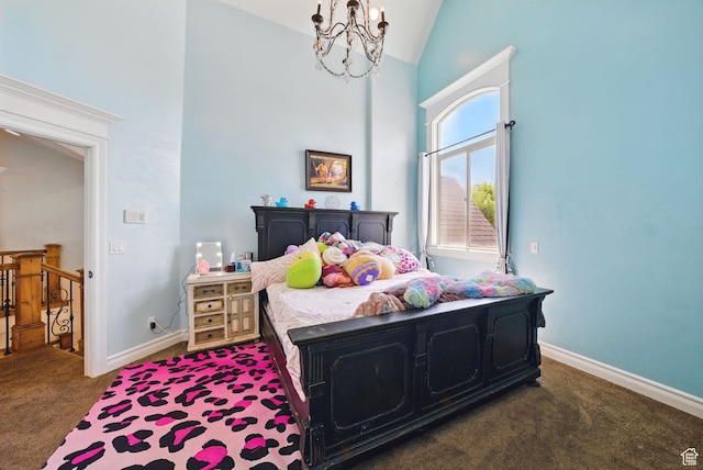 62 W 225 N, Lindon, UT 84042 - bedroom featuring carpet, high vaulted ceiling, a chandelier, and baseboards