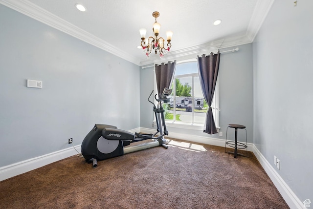 62 W 225 N, Lindon, UT 84042 - workout room featuring a chandelier, ornamental molding, baseboards, carpet floors, and recessed lighting