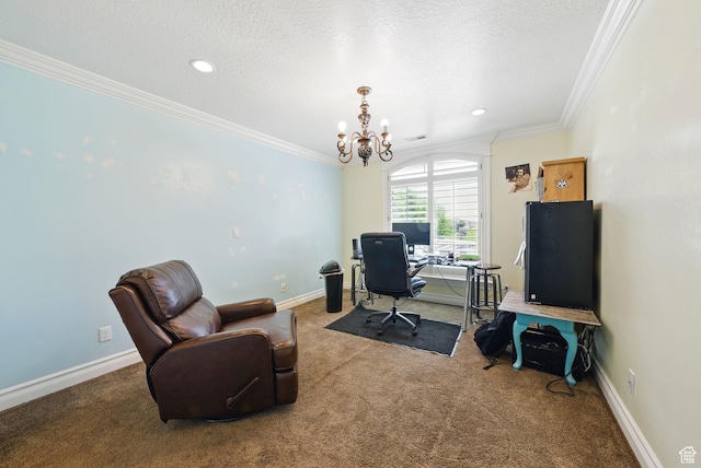 62 W 225 N, Lindon, UT 84042 - carpeted home office with a chandelier, ornamental molding, a textured ceiling, recessed lighting, and baseboards