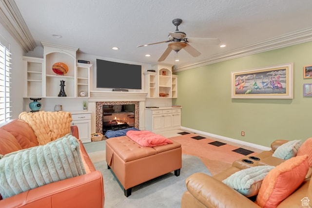 11198 S Wyngate Ln E, Sandy, UT 84092 - living room with a ceiling fan, a fireplace, light colored carpet, recessed lighting, and crown molding