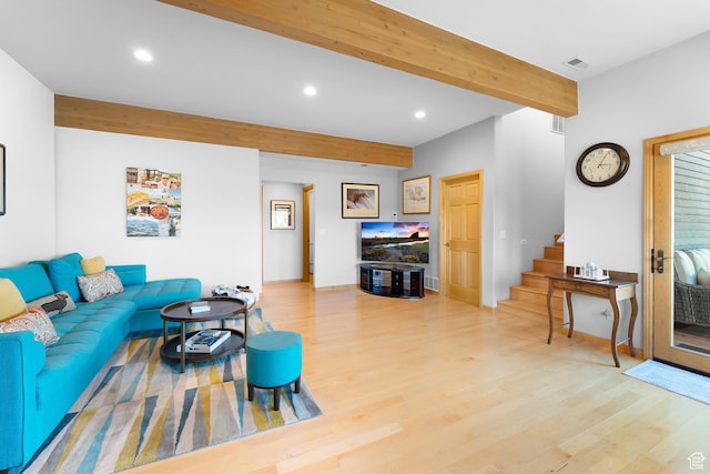 7340 Buckboard Dr N, Park City, UT 84098 - living area featuring beam ceiling, recessed lighting, light wood-style floors, and stairway
