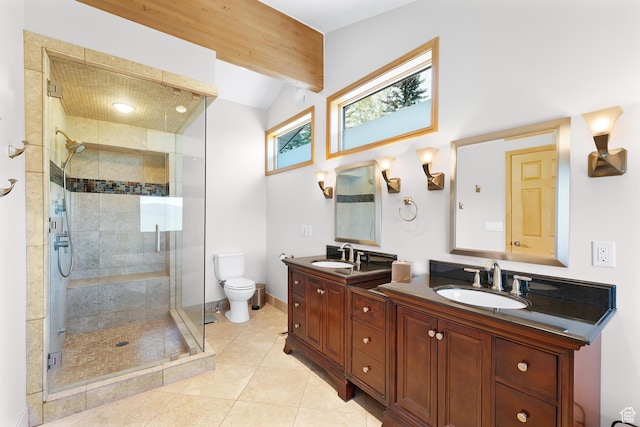 7340 Buckboard Dr N, Park City, UT 84098 - full bathroom with double vanity, a shower stall, lofted ceiling, toilet, and tile patterned flooring