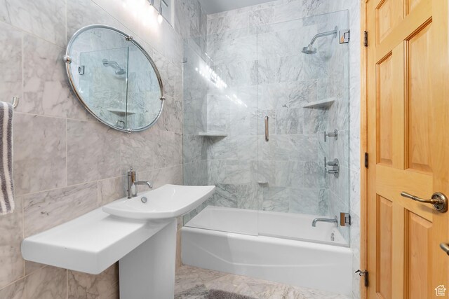 7340 Buckboard Dr N, Park City, UT 84098 - full bathroom featuring bath / shower combo with glass door, tile walls, and a sink