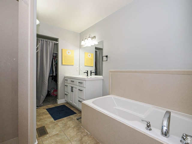 385 E 570 S, American Fork, UT 84003 - bathroom featuring vanity, a bath, tile patterned floors, and a shower with shower curtain