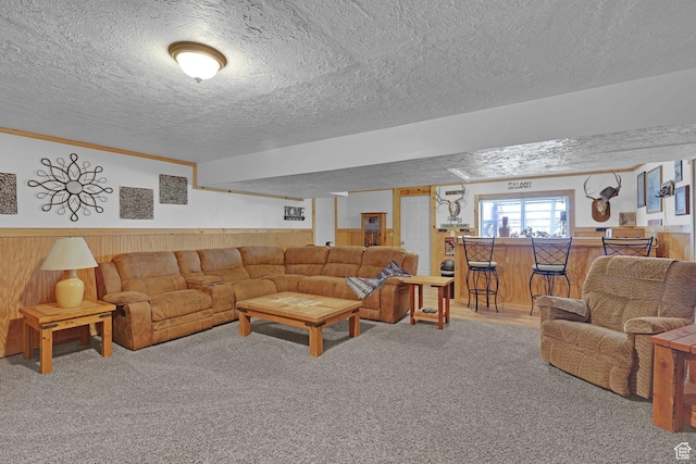 3966 W 2200 N, Plain City, UT 84404 - living room featuring wooden walls, a textured ceiling, wainscoting, carpet, and bar