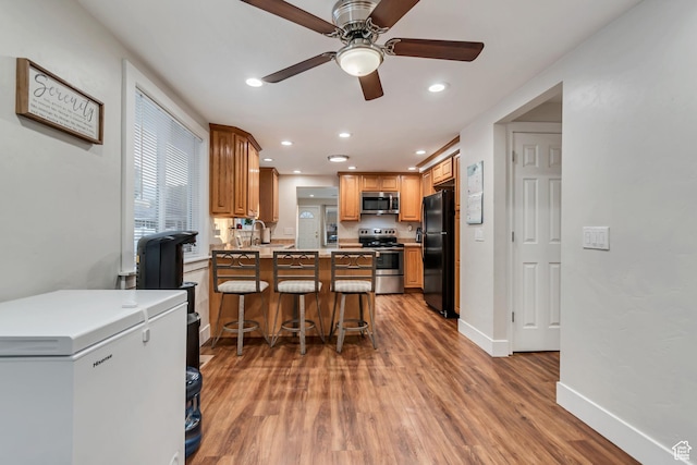 2867 S Cyprus Ln, Magna, UT 84044 - kitchen with stainless steel appliances, ceiling fan, light wood-style floors, a peninsula, and baseboards