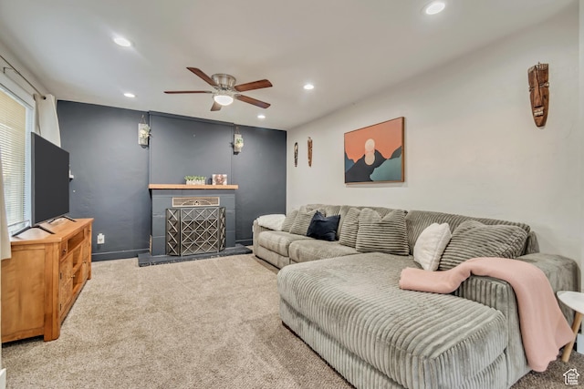 2867 S Cyprus Ln, Magna, UT 84044 - living area featuring carpet flooring, recessed lighting, ceiling fan, and a fireplace with raised hearth