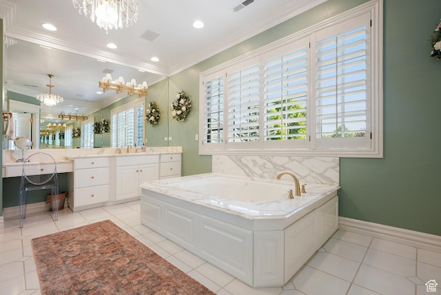 2051 E Normandywoods Ct, Holladay, UT 84117 - full bathroom featuring a chandelier, a garden tub, crown molding, vanity, and tile patterned flooring