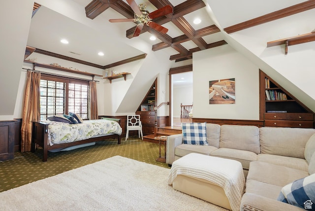 2051 E Normandywoods Ct, Holladay, UT 84117 - carpeted bedroom with recessed lighting, crown molding, beam ceiling, and coffered ceiling