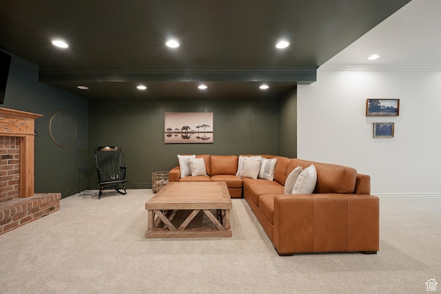 2051 E Normandywoods Ct, Holladay, UT 84117 - living room featuring crown molding, light carpet, recessed lighting, baseboards, and a brick fireplace