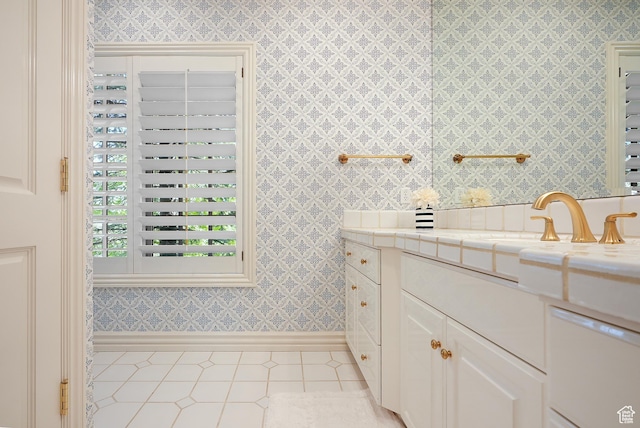 2051 E Normandywoods Ct, Holladay, UT 84117 - bathroom with wallpapered walls, baseboards, vanity, and tile patterned flooring