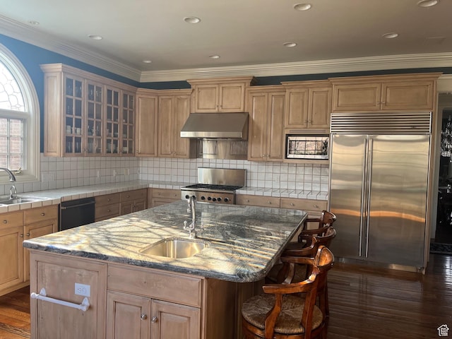 2051 E Normandywoods Ct, Holladay, UT 84117 - kitchen with built in appliances, a sink, under cabinet range hood, a center island with sink, and ornamental molding