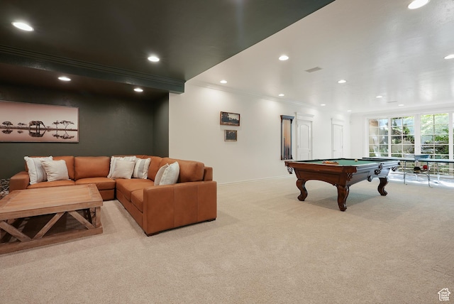 2051 E Normandywoods Ct, Holladay, UT 84117 - playroom with light colored carpet, crown molding, pool table, recessed lighting, and baseboards