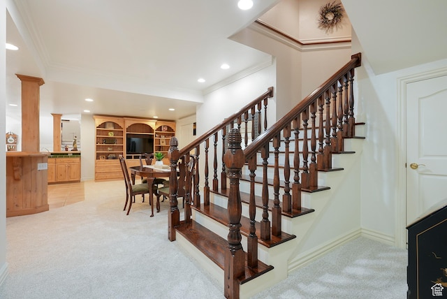2051 E Normandywoods Ct, Holladay, UT 84117 - stairs featuring carpet flooring, crown molding, decorative columns, recessed lighting, and baseboards