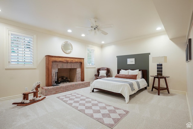 2051 E Normandywoods Ct, Holladay, UT 84117 - bedroom with carpet floors, ornamental molding, baseboards, a fireplace, and recessed lighting