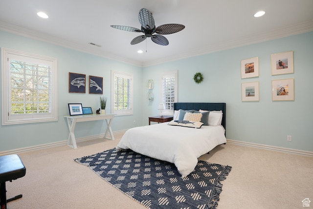 2051 E Normandywoods Ct, Holladay, UT 84117 - carpeted bedroom featuring crown molding, recessed lighting, baseboards, and ceiling fan