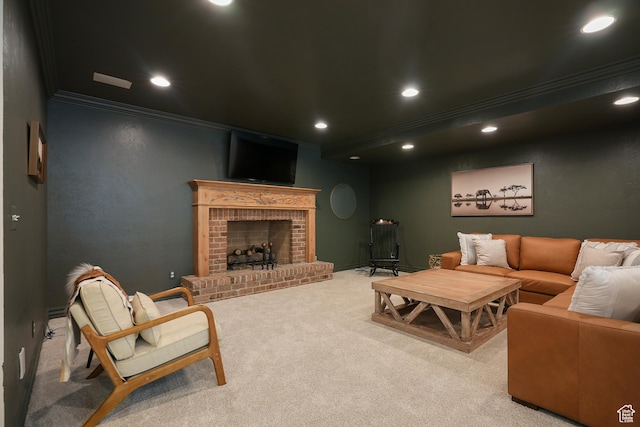 2051 E Normandywoods Ct, Holladay, UT 84117 - carpeted living area with ornamental molding, recessed lighting, a fireplace, and baseboards