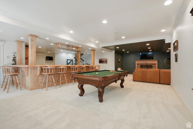 2051 E Normandywoods Ct, Holladay, UT 84117 - recreation room with carpet floors, bar, crown molding, billiards, and decorative columns