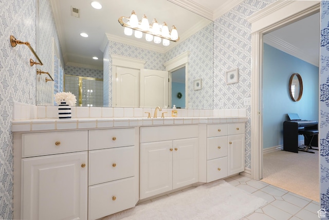 2051 E Normandywoods Ct, Holladay, UT 84117 - bathroom featuring crown molding, wallpapered walls, a shower stall, vanity, and baseboards