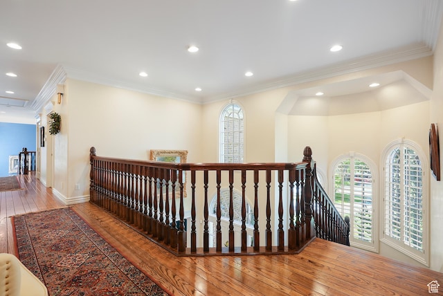2051 E Normandywoods Ct, Holladay, UT 84117 - hallway with an upstairs landing, hardwood / wood-style flooring, crown molding, recessed lighting, and baseboards